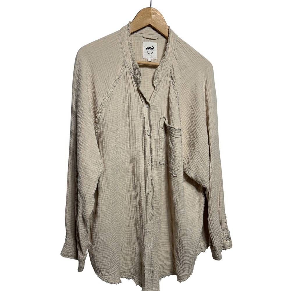 Aerie Pool-To-Party Gauze Cotton Button Down Shirt Raw‎ Edge Frayed Shirt Size L